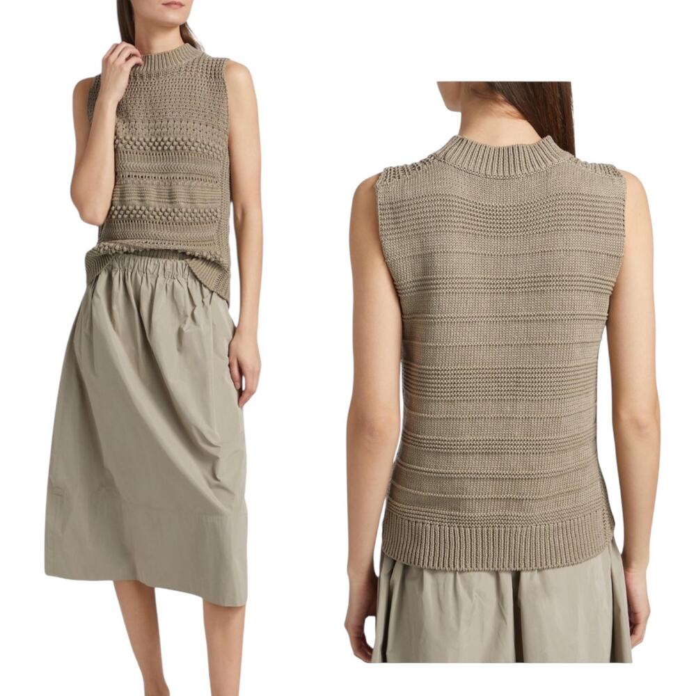 Fabiana Filippi Eyelet Beige Top Luxury Cotton Ribbed Mock Neck Large Luxury